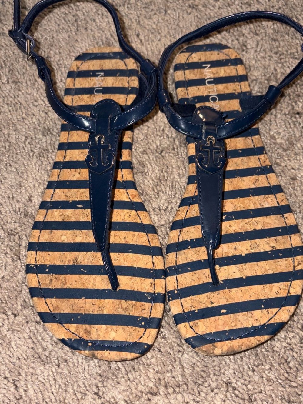 Nautica Navy and Cork Striped T-Strap Sandals